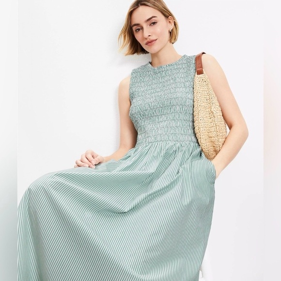 NWT LOFT Green and White Striped Sleeveless Smocked Midi Dress - Picture 11 of 12